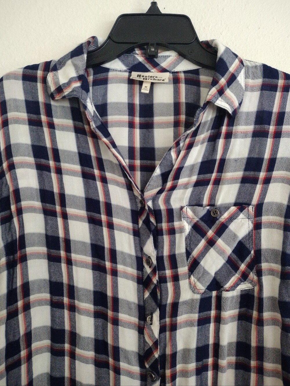 Hester & Orchard Anthropologie Plaid Rayon Button-Up Shirt Navy White Red Medium - Picture 3 of 11